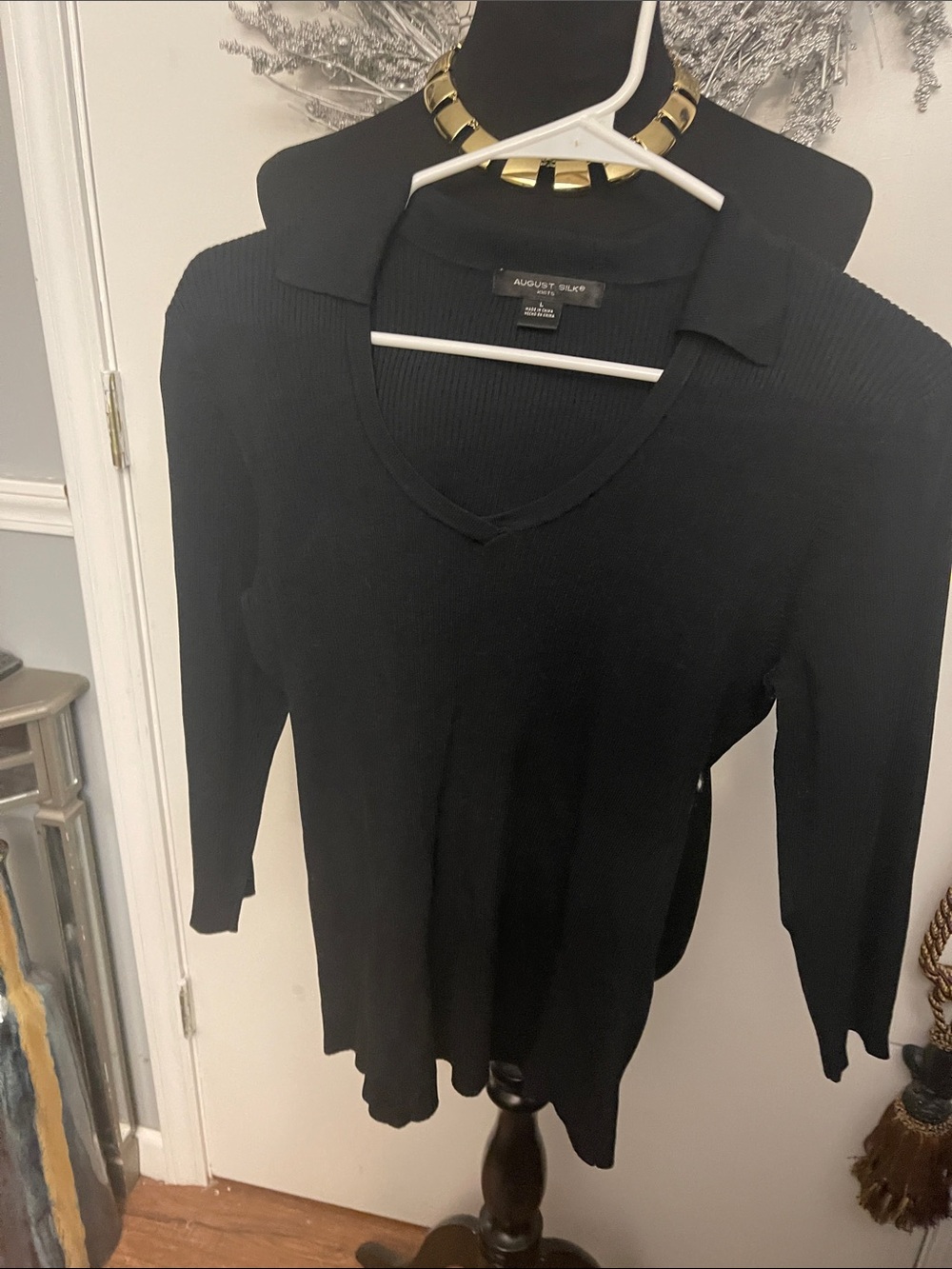 august silk Black Ribbed V-Neck Collared Long Sleeve Top